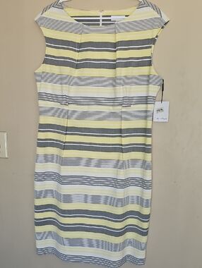 Calvin Klein Yellow, Gray & White Striped Cap-Sleeve Sheath Dress